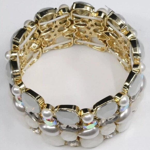 INC GoldTone Faux Pearl Crystal White Stone Cluster Stretch Bracelet New w/ Tags - Picture 7 of 7